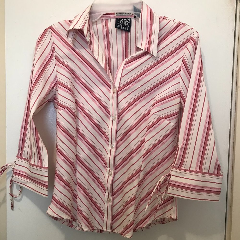 Cotton Express Missy: Pink/White Striped Button Down 3/4 Sleeve Shirt, Size: S